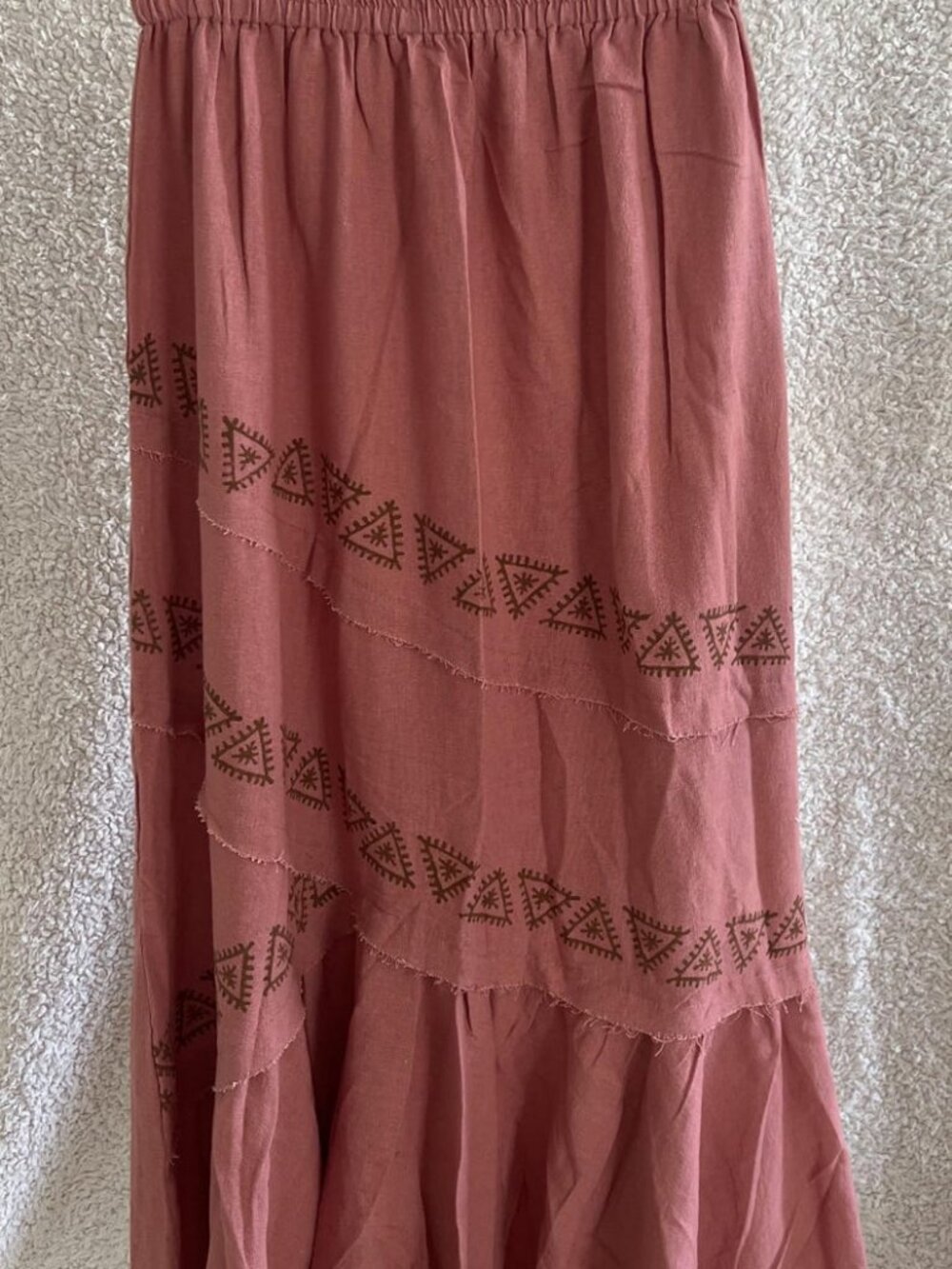 Thearah Pink Organic Cotton Block Print Maxi Skirt, Triangle Border